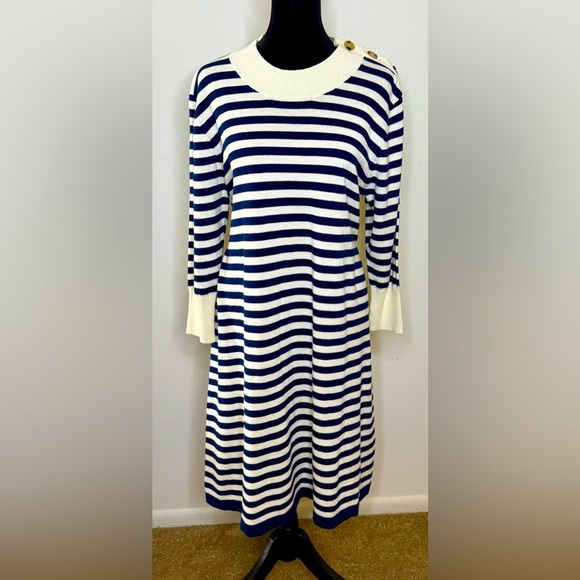 NWT Haley and the Hound Navy and Cream stripe long sleeve sweater dress Large - Picture 1 of 11